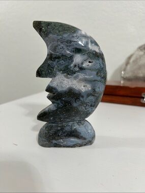 Hand-Carved Blue and Gray Moon Sculpture - Home Art Accent